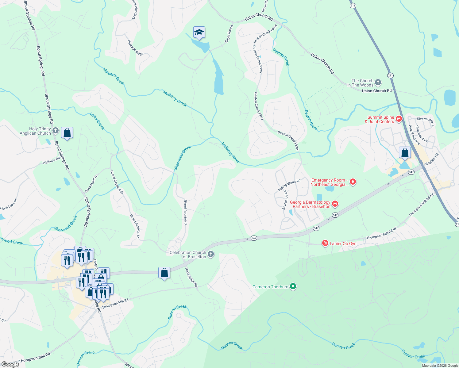map of restaurants, bars, coffee shops, grocery stores, and more near 6400 Falling Water Lane in Hoschton