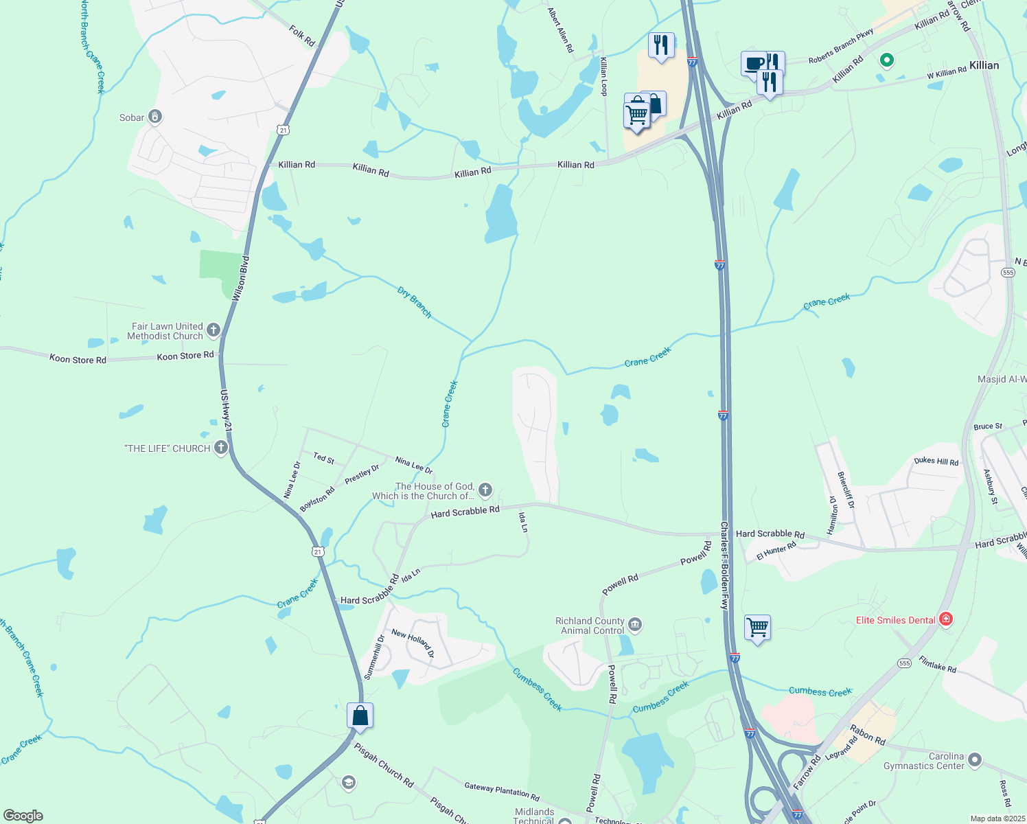 map of restaurants, bars, coffee shops, grocery stores, and more near 57 Petal Court in Columbia
