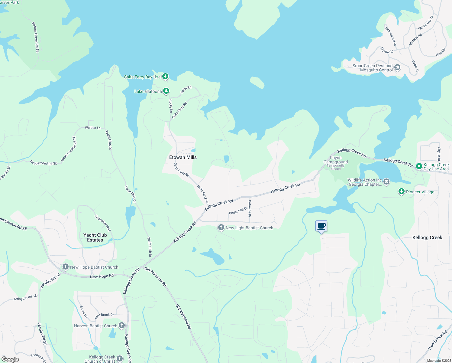 map of restaurants, bars, coffee shops, grocery stores, and more near 6839 Yachting Way in Acworth