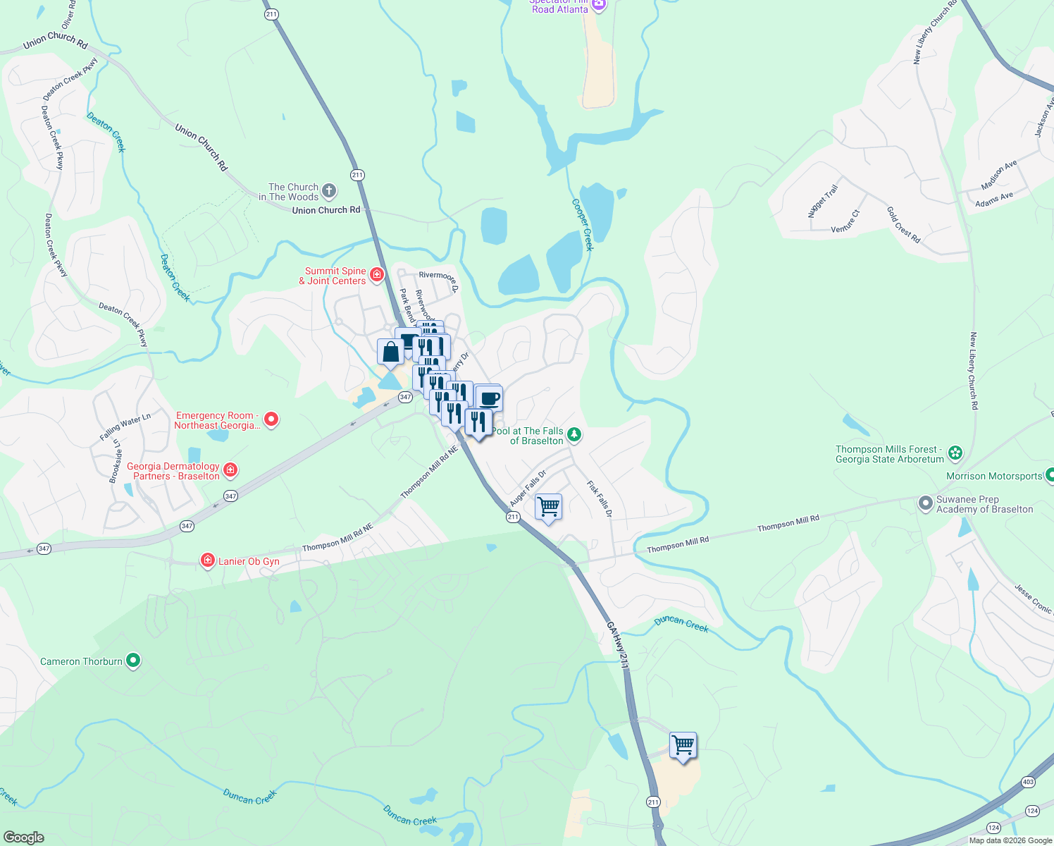 map of restaurants, bars, coffee shops, grocery stores, and more near 6471 Whitebeam Trail in Braselton