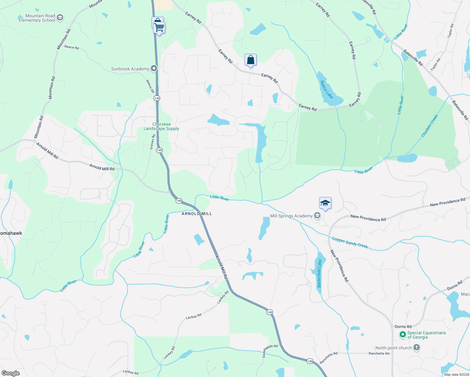 map of restaurants, bars, coffee shops, grocery stores, and more near 605 River Overlook in Woodstock