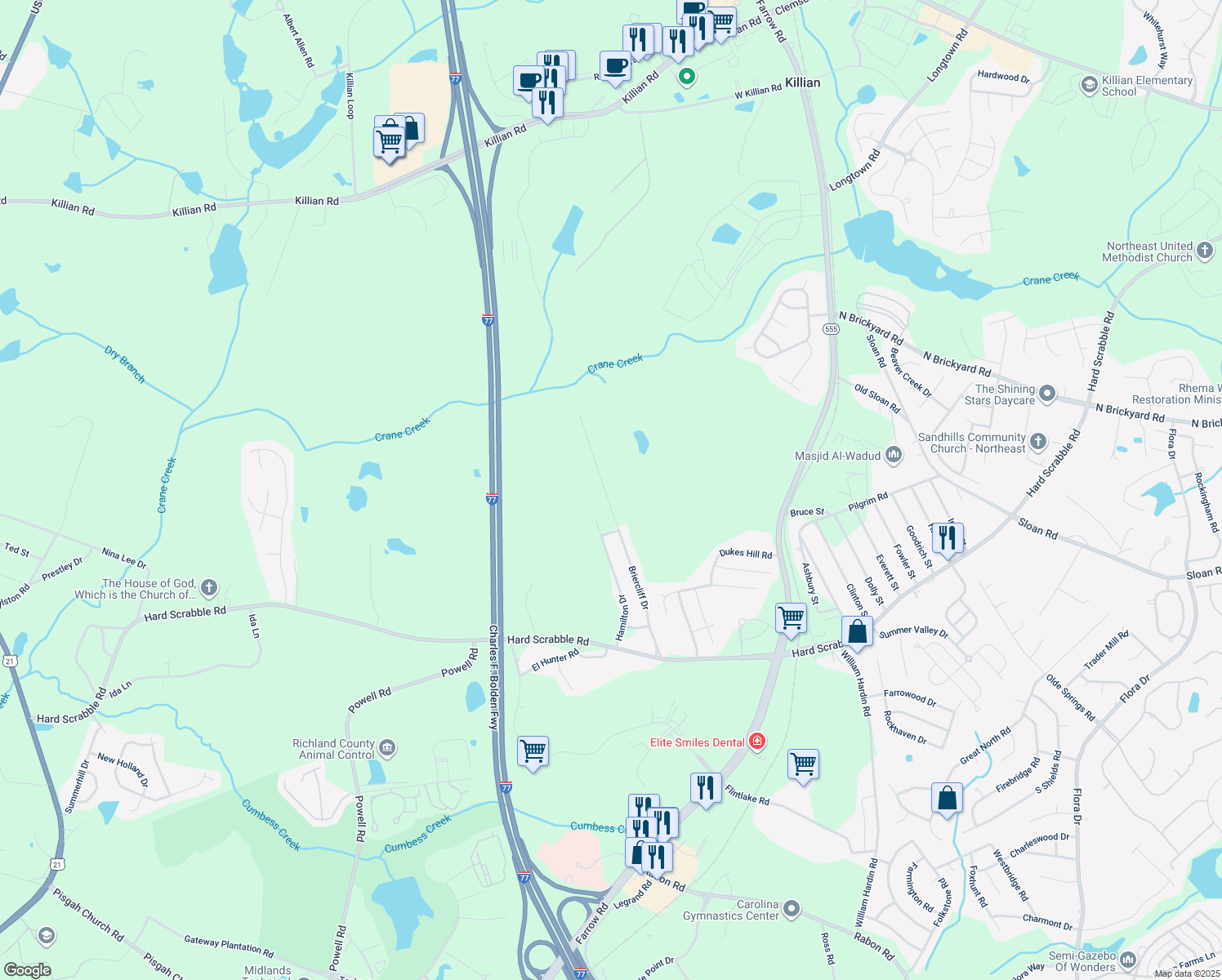 map of restaurants, bars, coffee shops, grocery stores, and more near 428 Briercliff Drive in Columbia