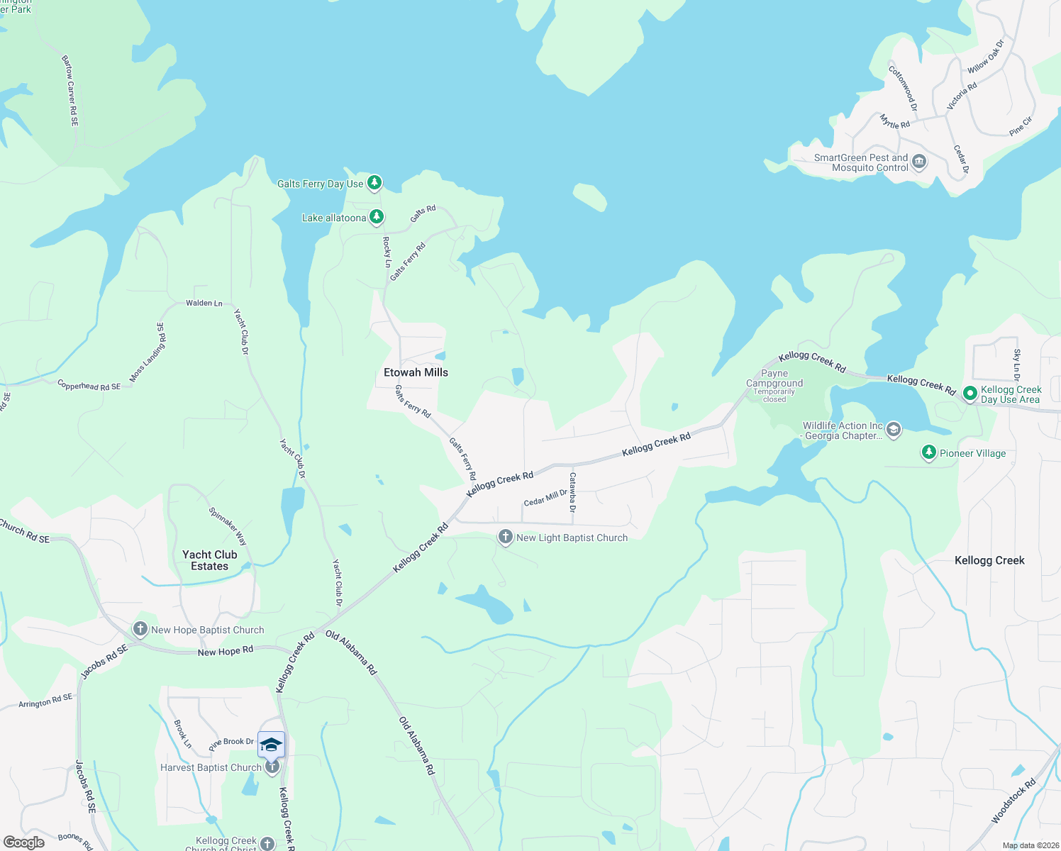 map of restaurants, bars, coffee shops, grocery stores, and more near 6844 Yachting Way in Acworth