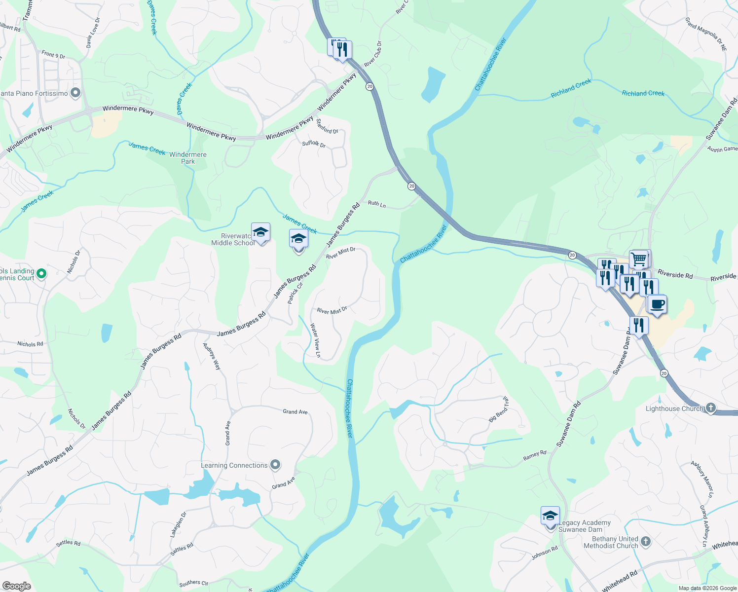 map of restaurants, bars, coffee shops, grocery stores, and more near 715 River Ridge Ln in Suwanee