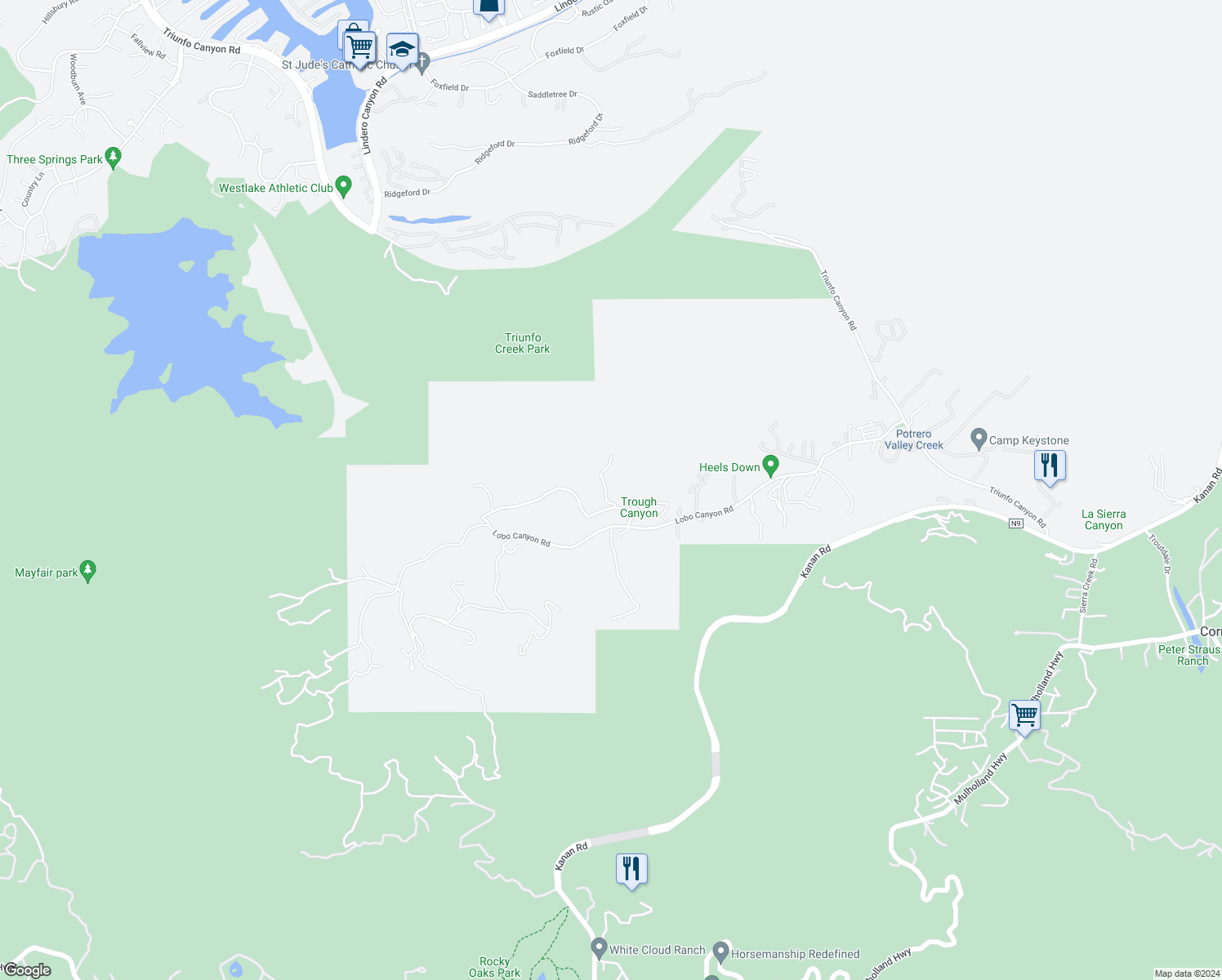map of restaurants, bars, coffee shops, grocery stores, and more near 31619 Lobo Canyon Road in Agoura Hills