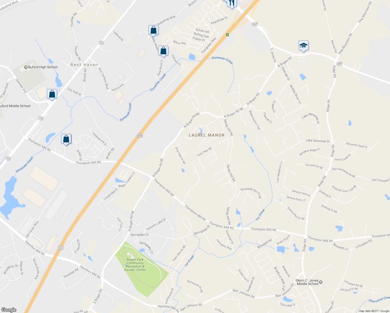 map of restaurants, bars, coffee shops, grocery stores, and more near 4236 Cami Way Northeast in Buford