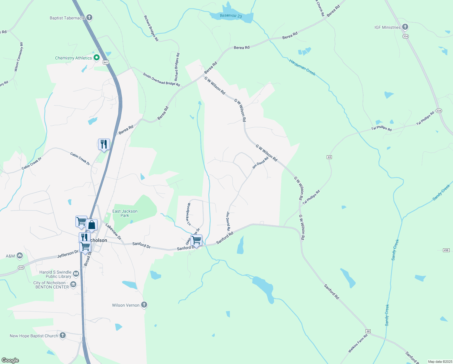 map of restaurants, bars, coffee shops, grocery stores, and more near 117 Jim's Lane in Nicholson
