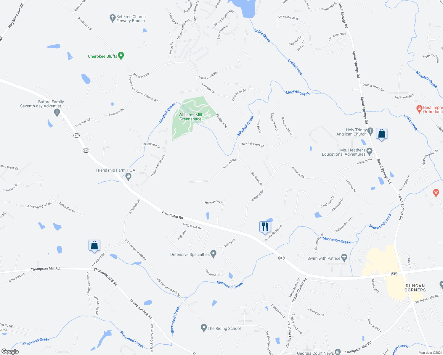 map of restaurants, bars, coffee shops, grocery stores, and more near 6353 Aarons Way in Flowery Branch
