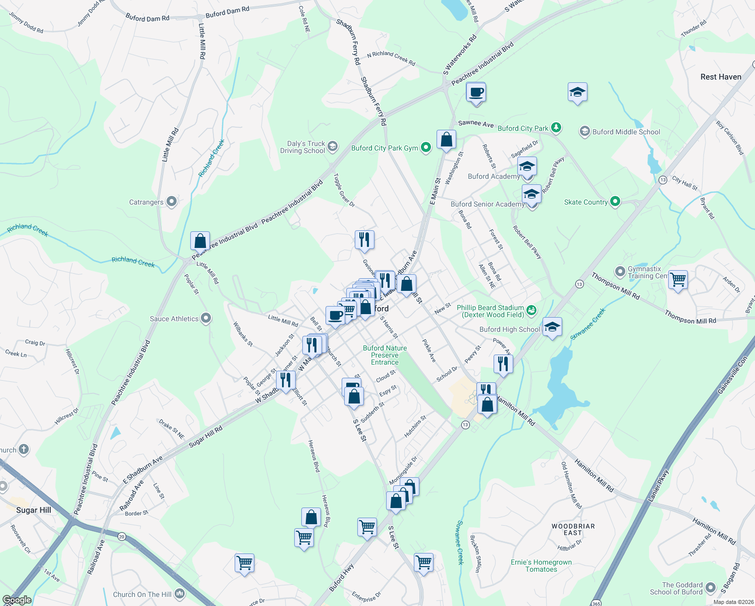 map of restaurants, bars, coffee shops, grocery stores, and more near 109 East Main Street Northeast in Buford