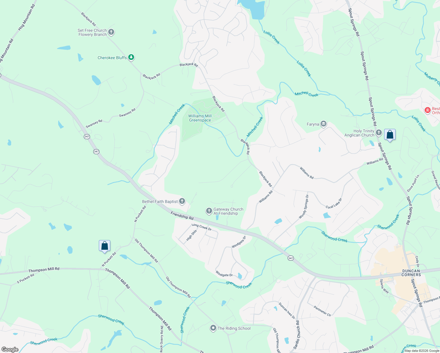 map of restaurants, bars, coffee shops, grocery stores, and more near 6368 Aarons Way in Flowery Branch