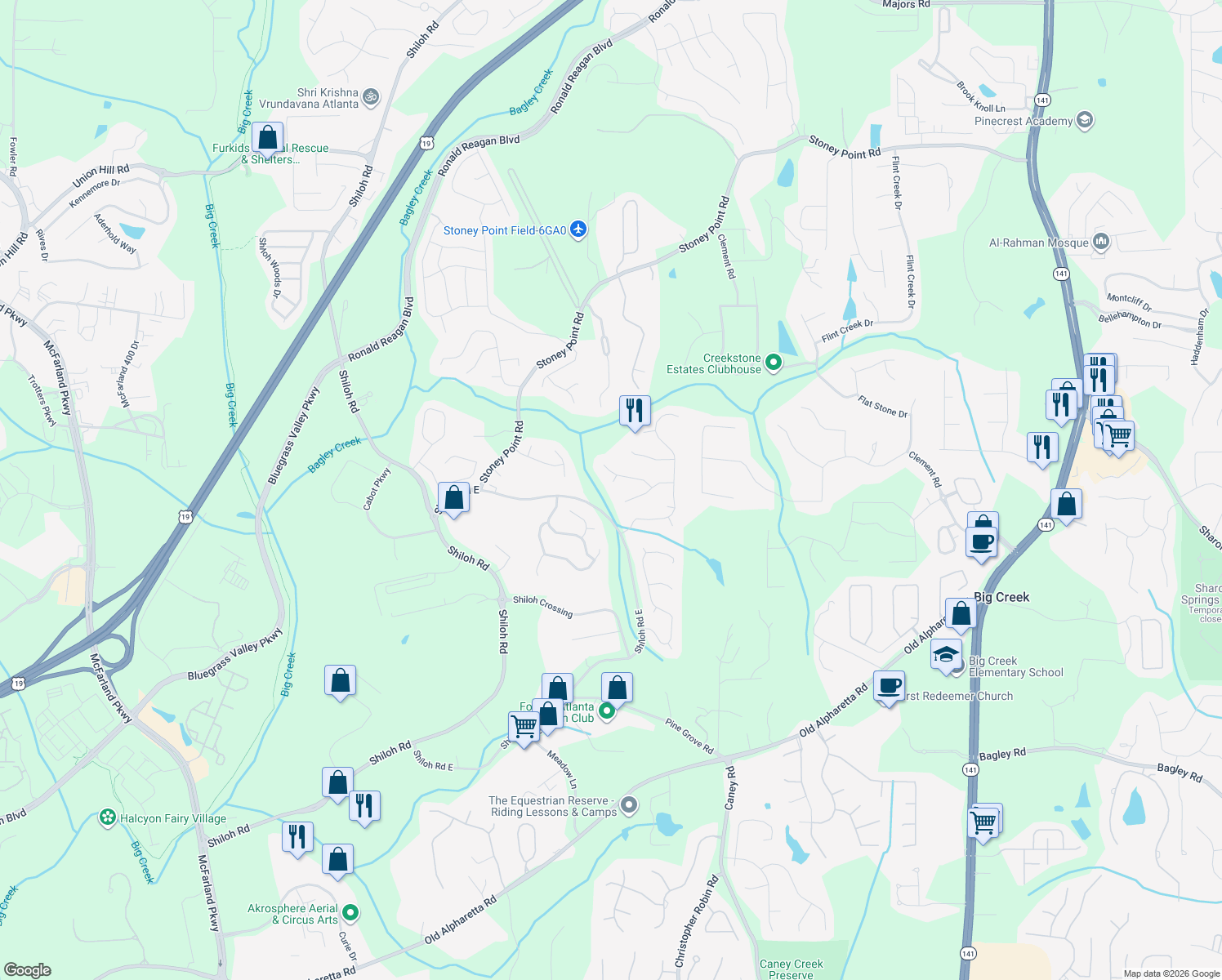 map of restaurants, bars, coffee shops, grocery stores, and more near 6830 Milbury Ct in Alpharetta
