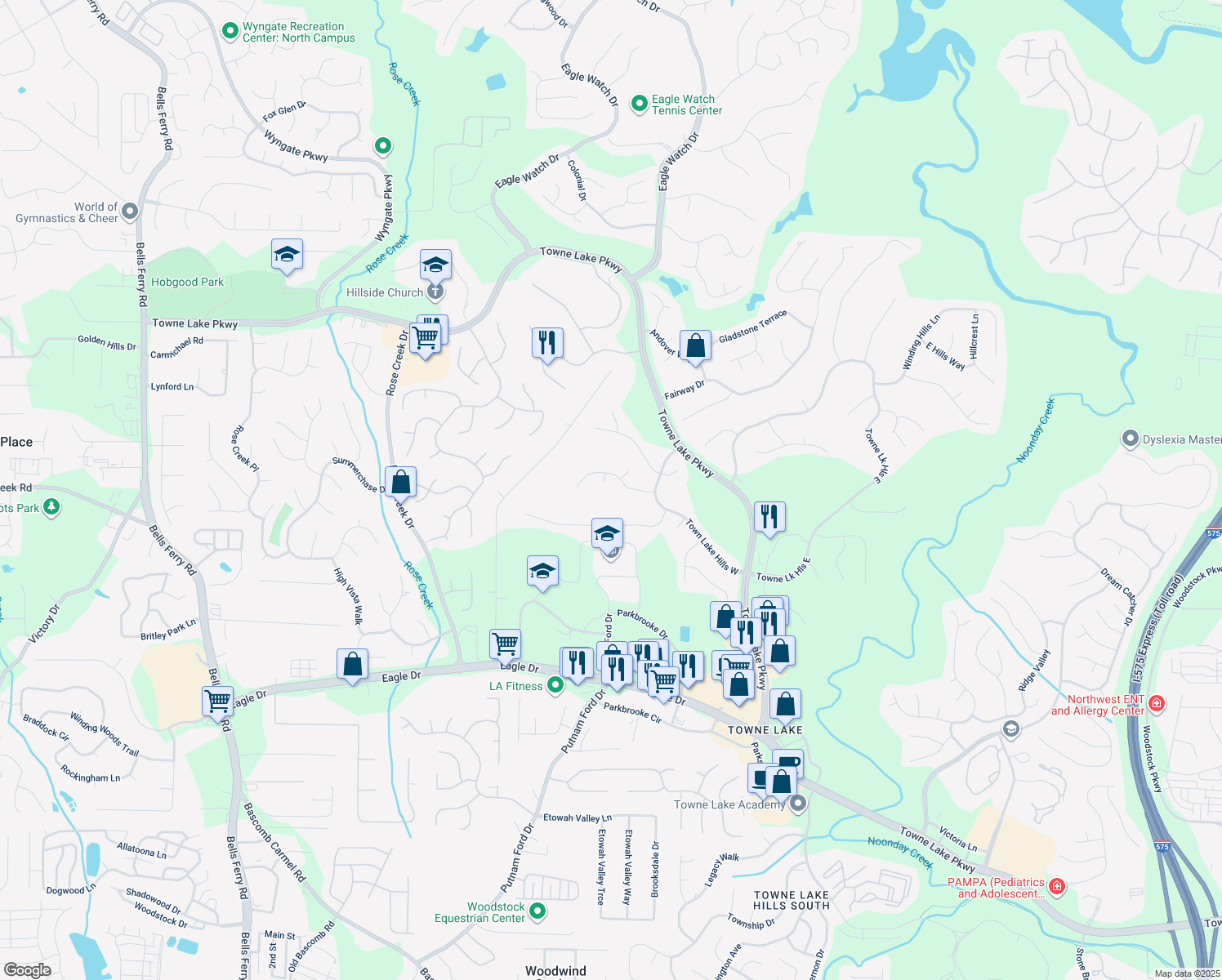 map of restaurants, bars, coffee shops, grocery stores, and more near 503 West Green Court in Woodstock
