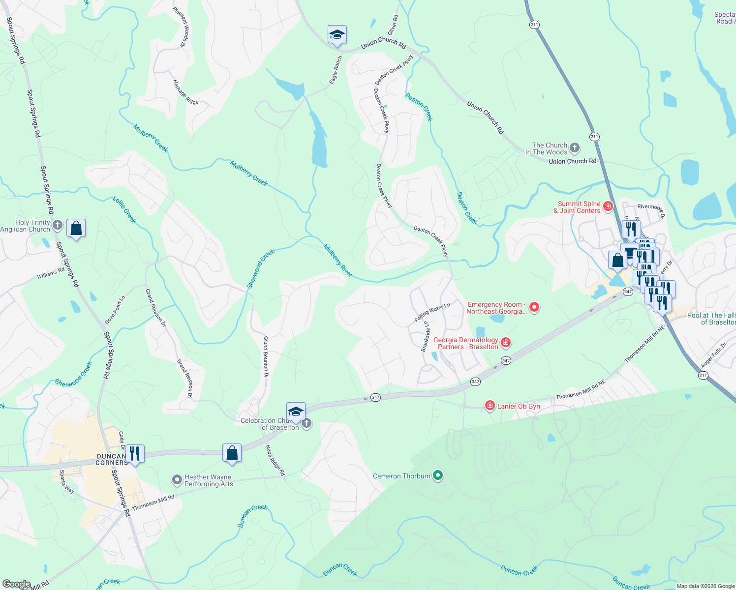 map of restaurants, bars, coffee shops, grocery stores, and more near 6424 Hickory Springs Circle in Hoschton
