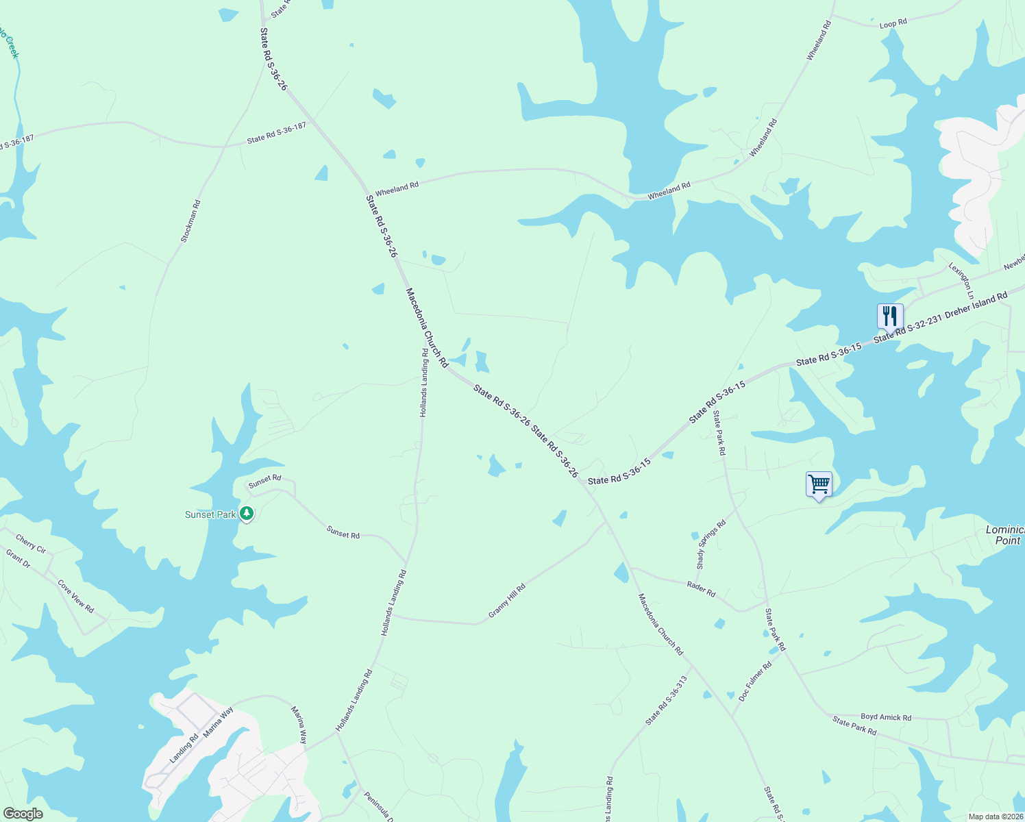 map of restaurants, bars, coffee shops, grocery stores, and more near 2693 Macedonia Church Road in Prosperity