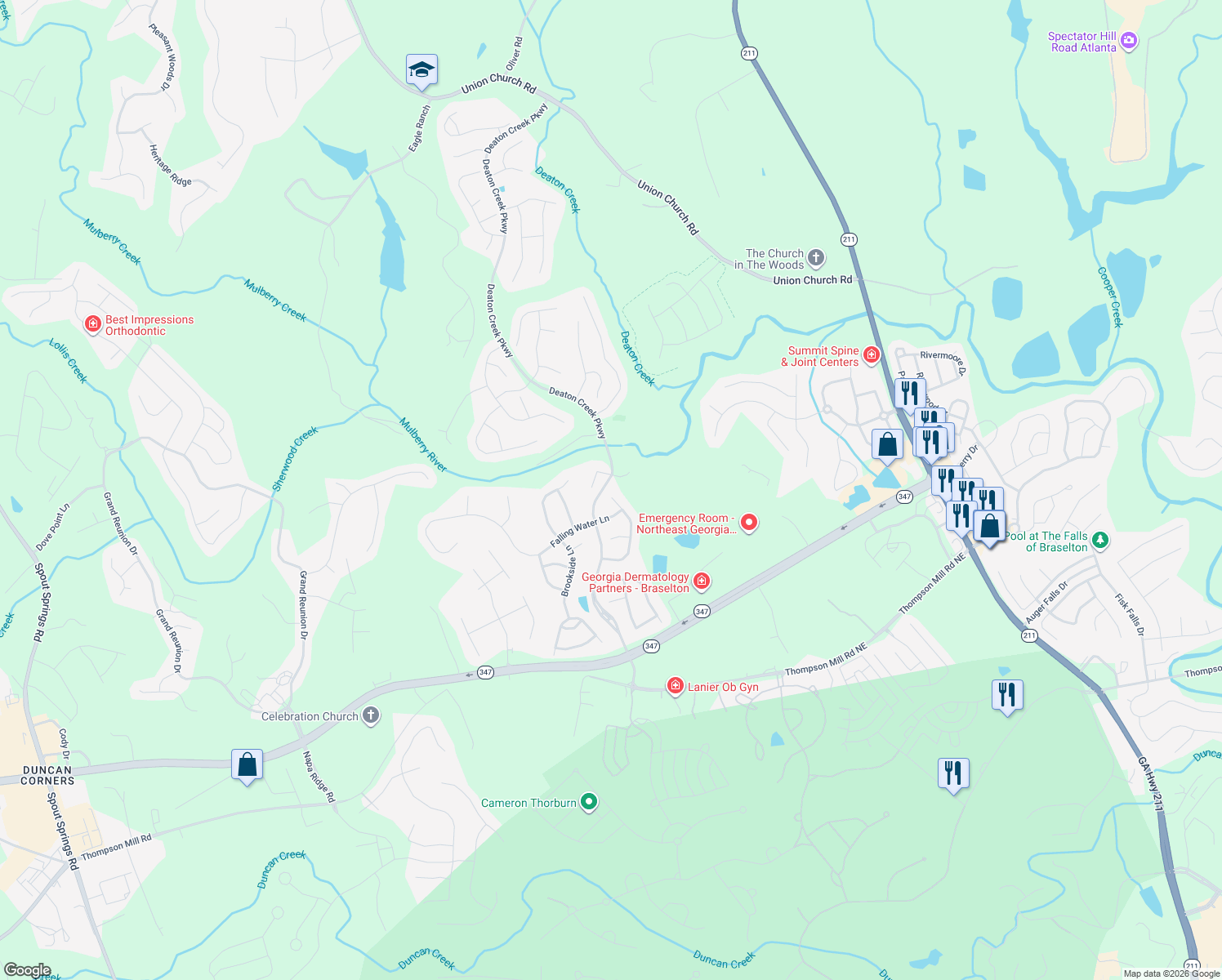 map of restaurants, bars, coffee shops, grocery stores, and more near 6026 Creekside Lane in Hoschton