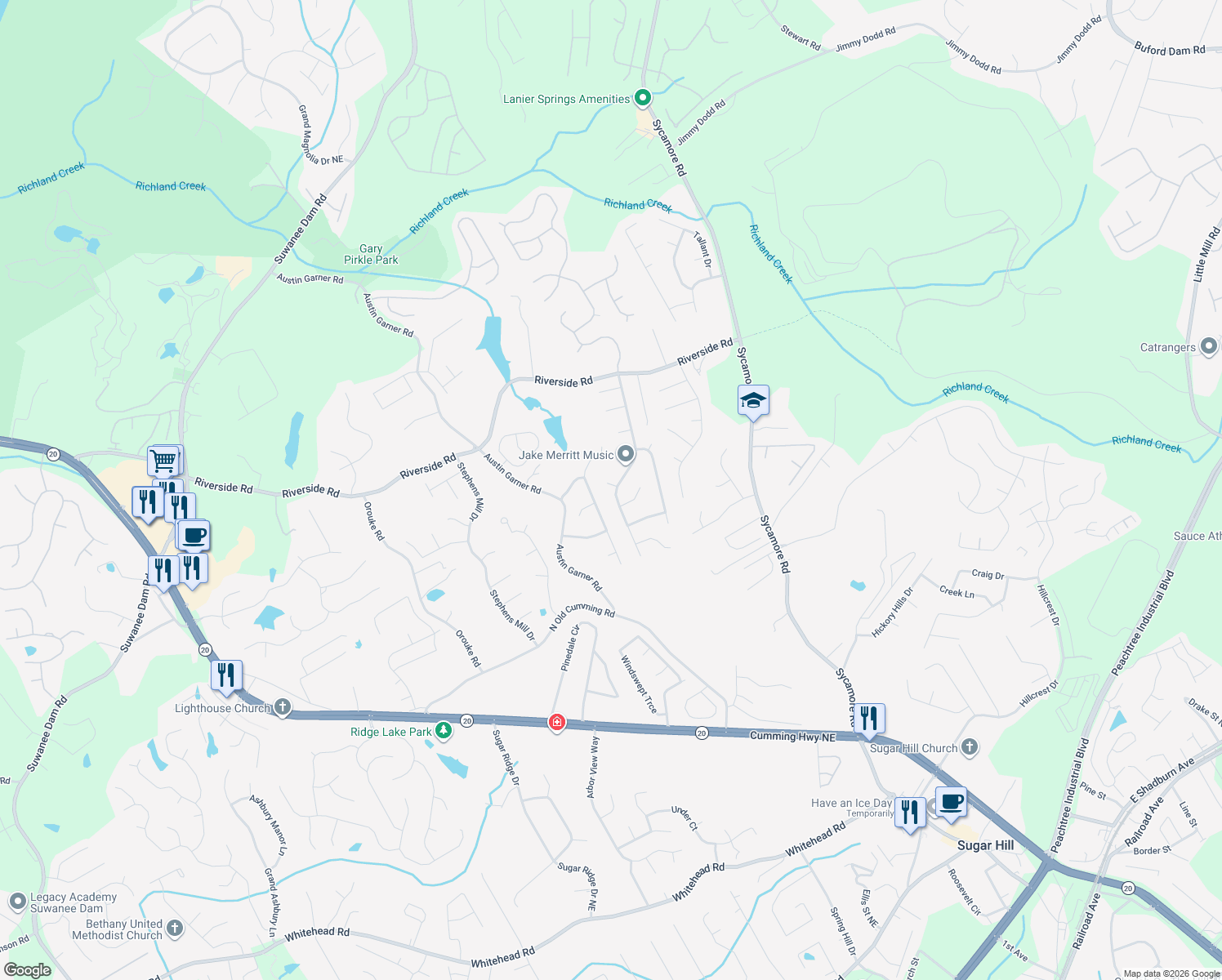 map of restaurants, bars, coffee shops, grocery stores, and more near 5540 Princeton Oaks Drive in Sugar Hill