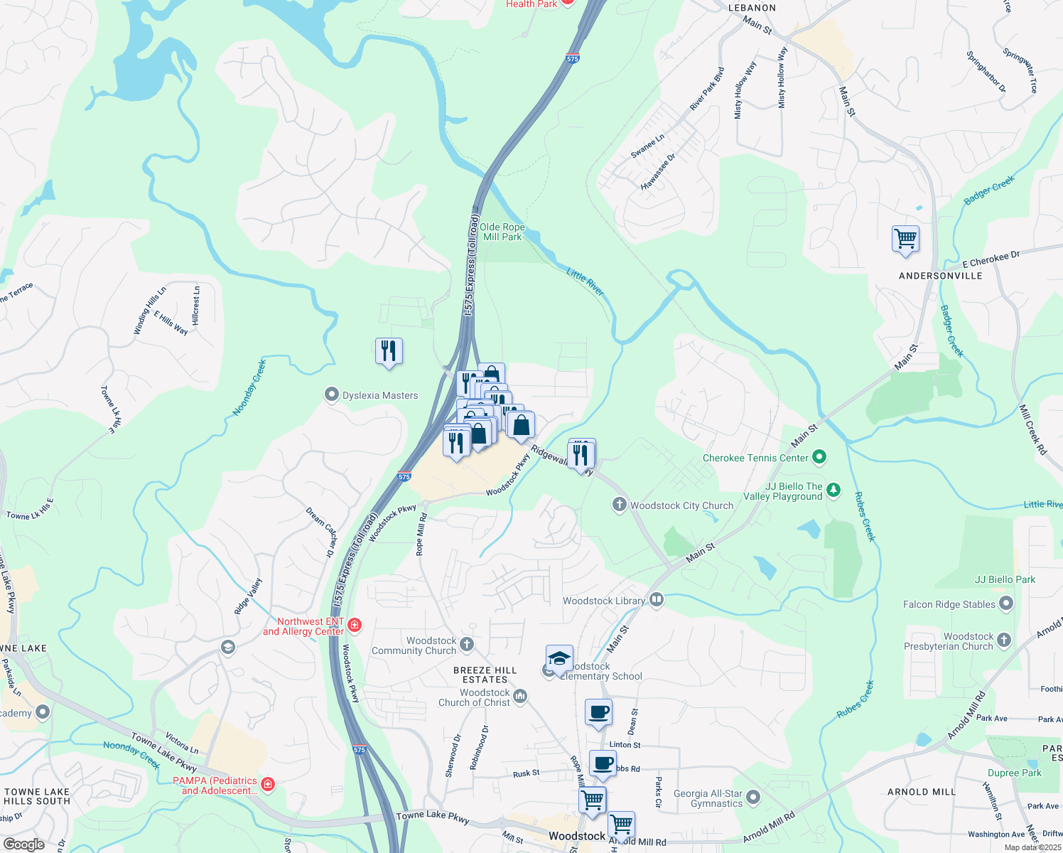 map of restaurants, bars, coffee shops, grocery stores, and more near 312 Vallejo Ct in Woodstock
