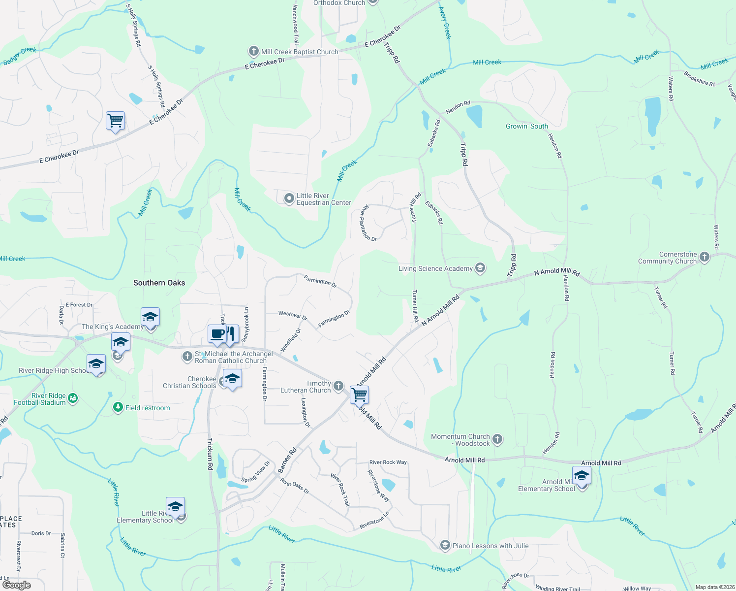 map of restaurants, bars, coffee shops, grocery stores, and more near 211 Bluff Creek Dr in Woodstock