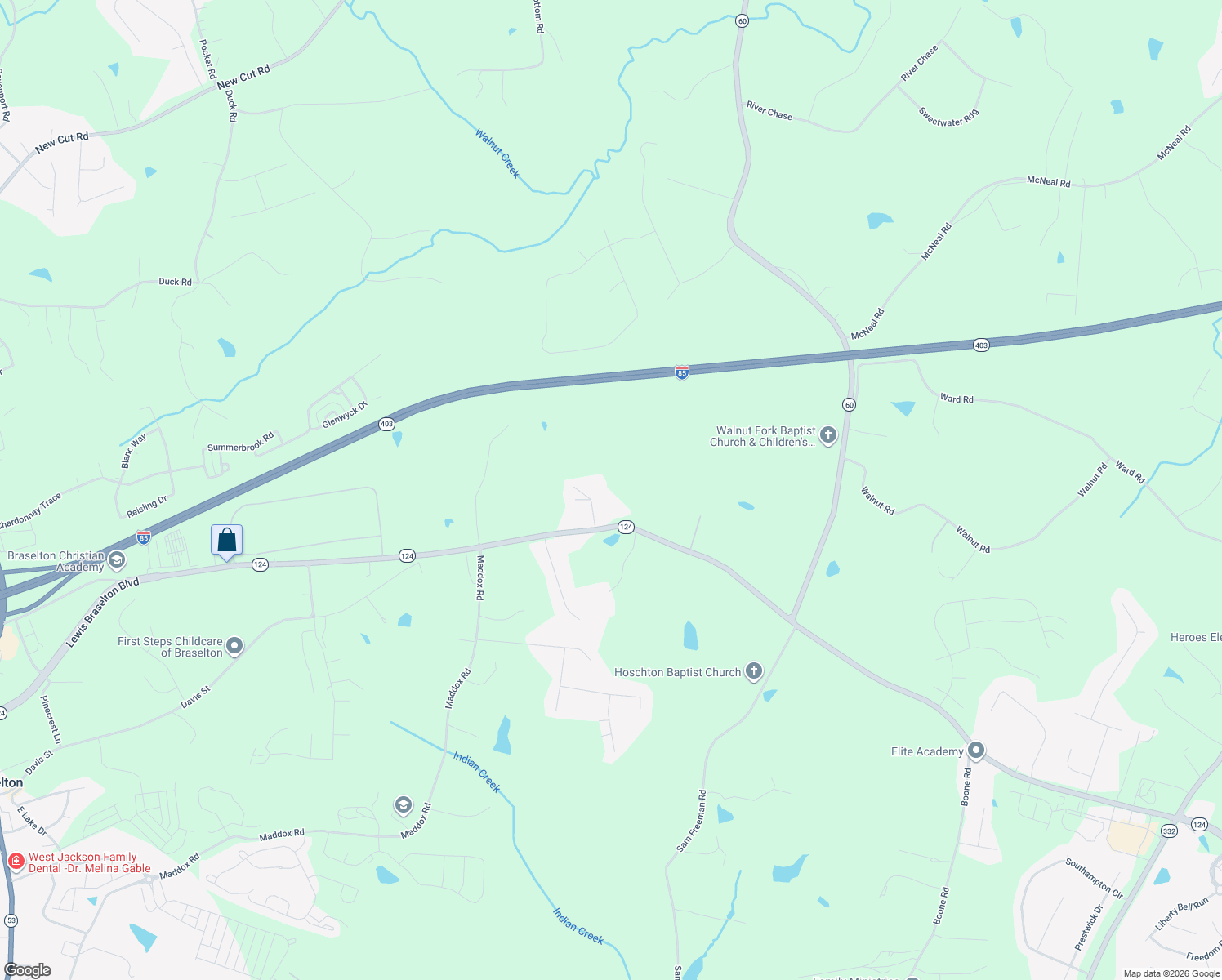 map of restaurants, bars, coffee shops, grocery stores, and more near 84 Deer Ridge Circle in Hoschton
