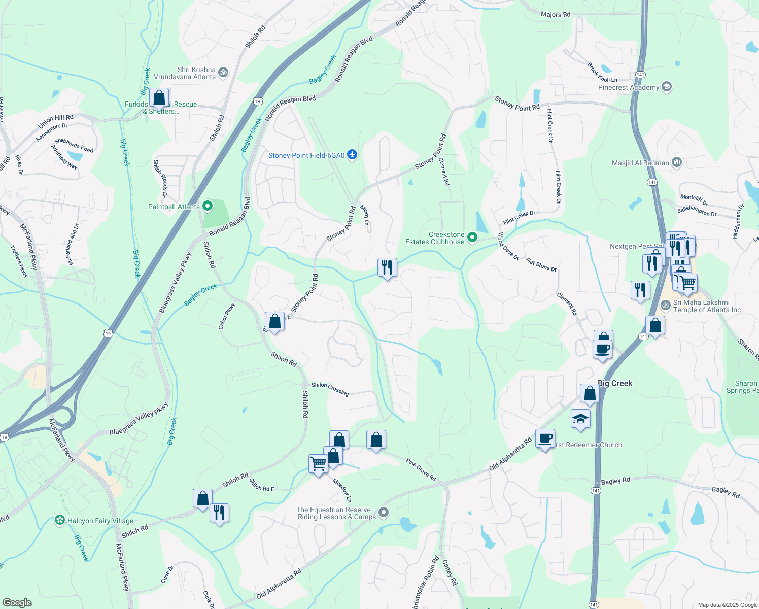 map of restaurants, bars, coffee shops, grocery stores, and more near 6770 Ulster Court in Alpharetta