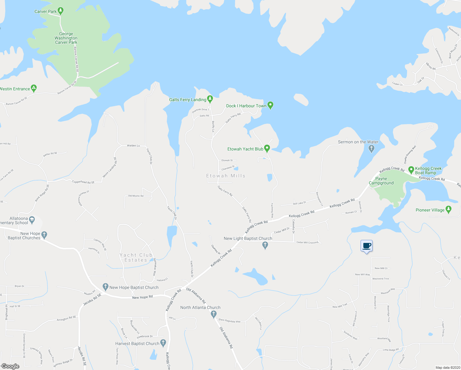 map of restaurants, bars, coffee shops, grocery stores, and more near 130 Cherokee Way in Acworth