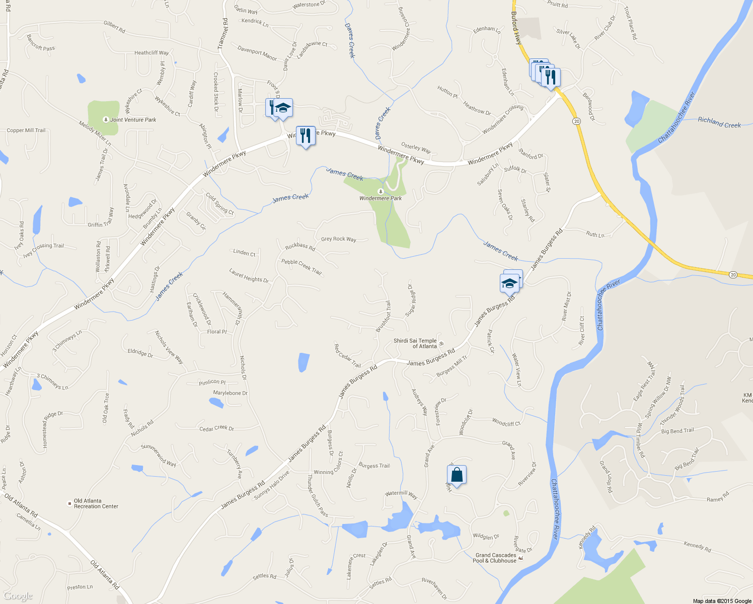 map of restaurants, bars, coffee shops, grocery stores, and more near 1650 Great Heron Cove in Suwanee