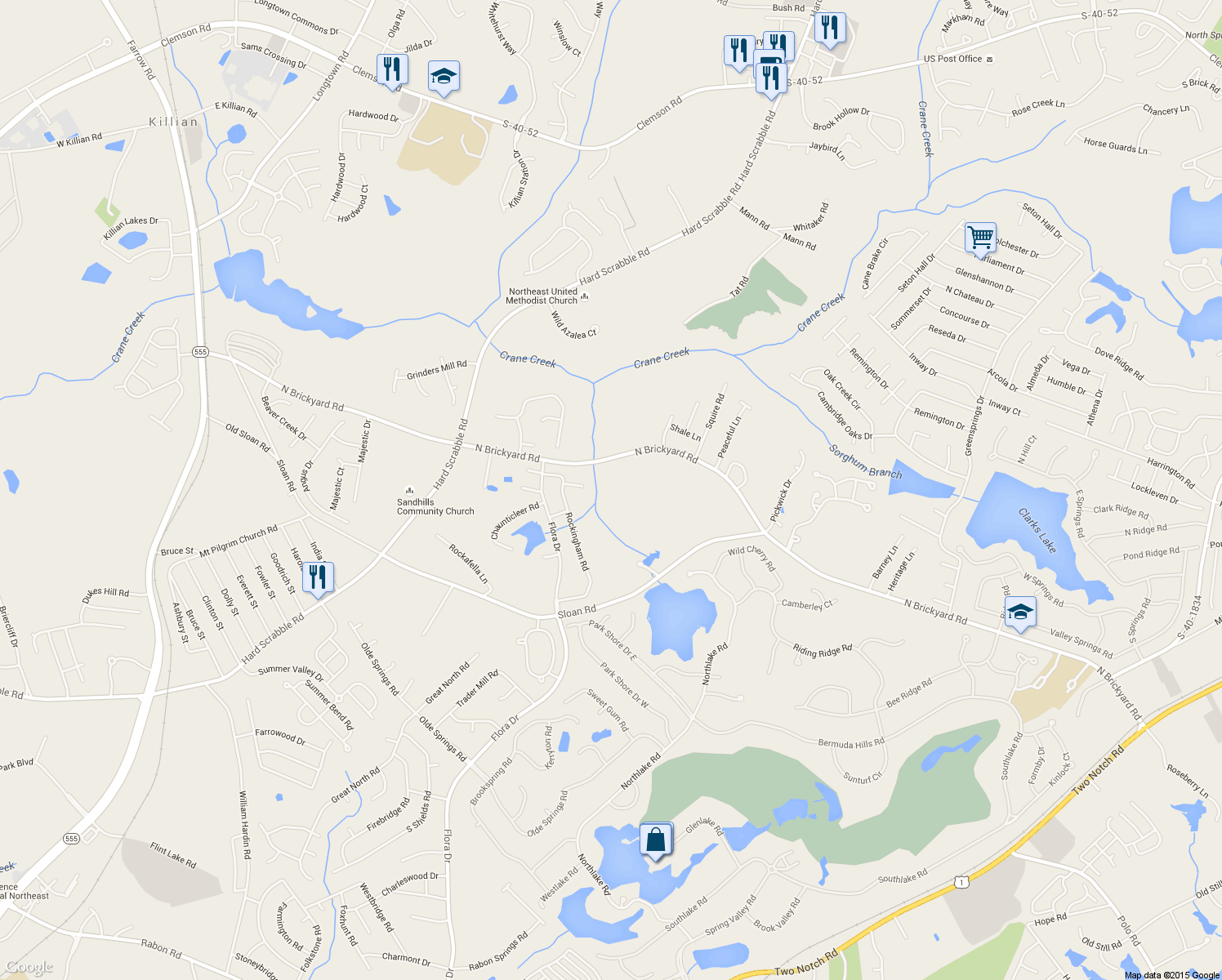 map of restaurants, bars, coffee shops, grocery stores, and more near 915 North Brickyard Road in Columbia