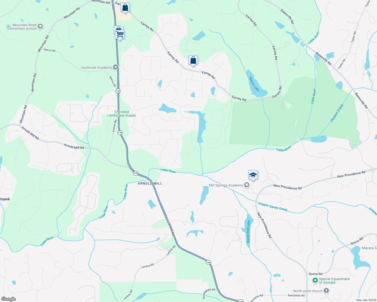 map of restaurants, bars, coffee shops, grocery stores, and more near 800 Riverlake Court in Woodstock