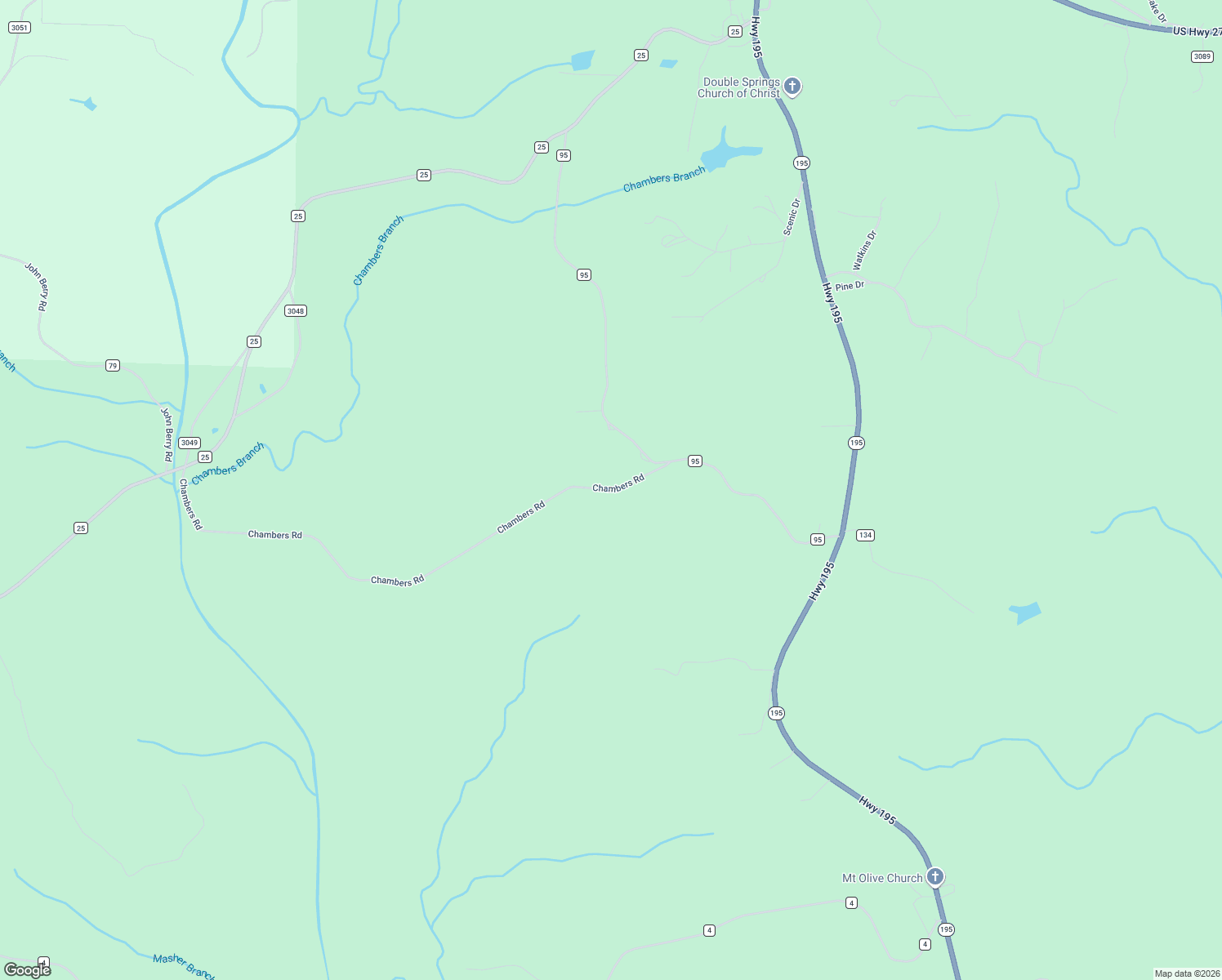 map of restaurants, bars, coffee shops, grocery stores, and more near Chambers Road in Double Springs