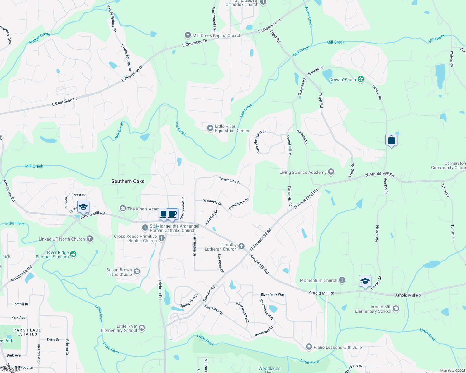 map of restaurants, bars, coffee shops, grocery stores, and more near 1004 Westminister Court in Woodstock
