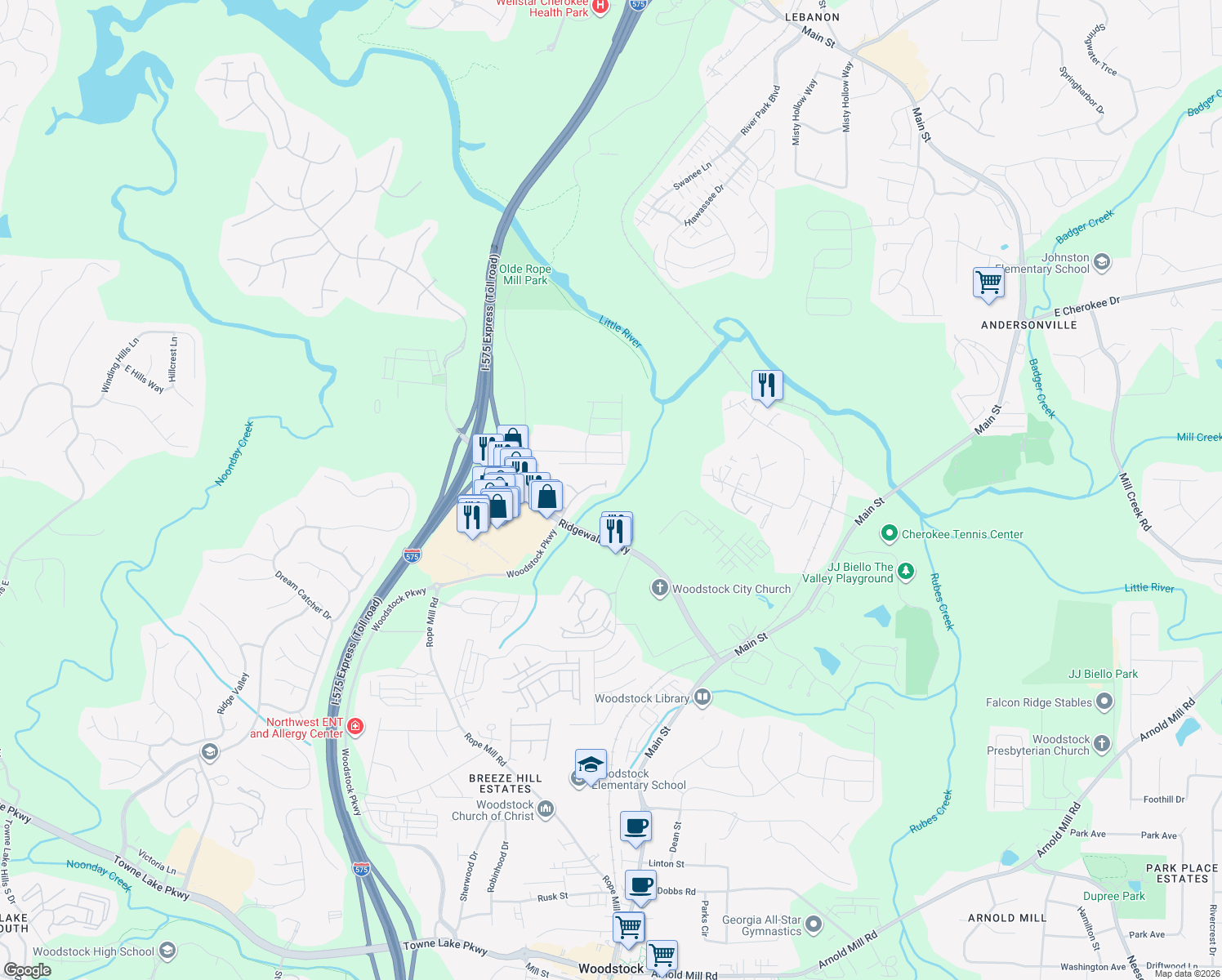map of restaurants, bars, coffee shops, grocery stores, and more near 130 Meridian Dr in Woodstock