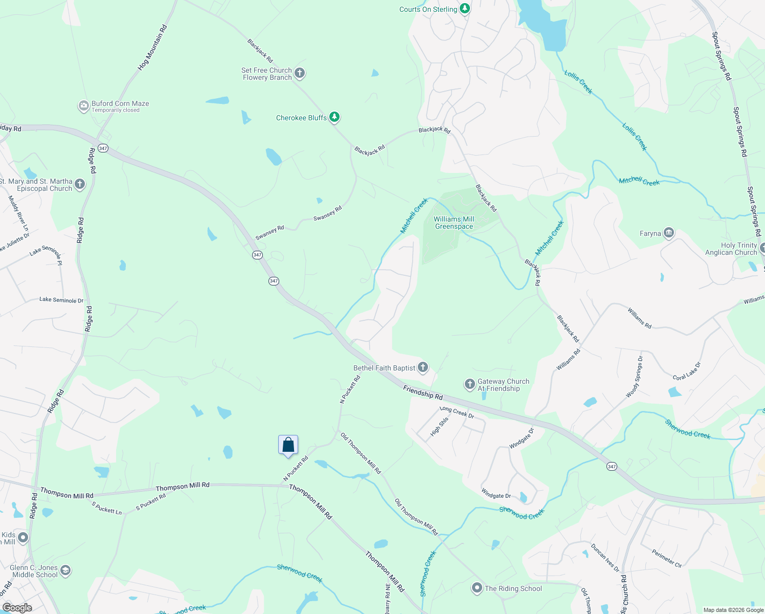 map of restaurants, bars, coffee shops, grocery stores, and more near 3618 Goldenrod Ln in Buford