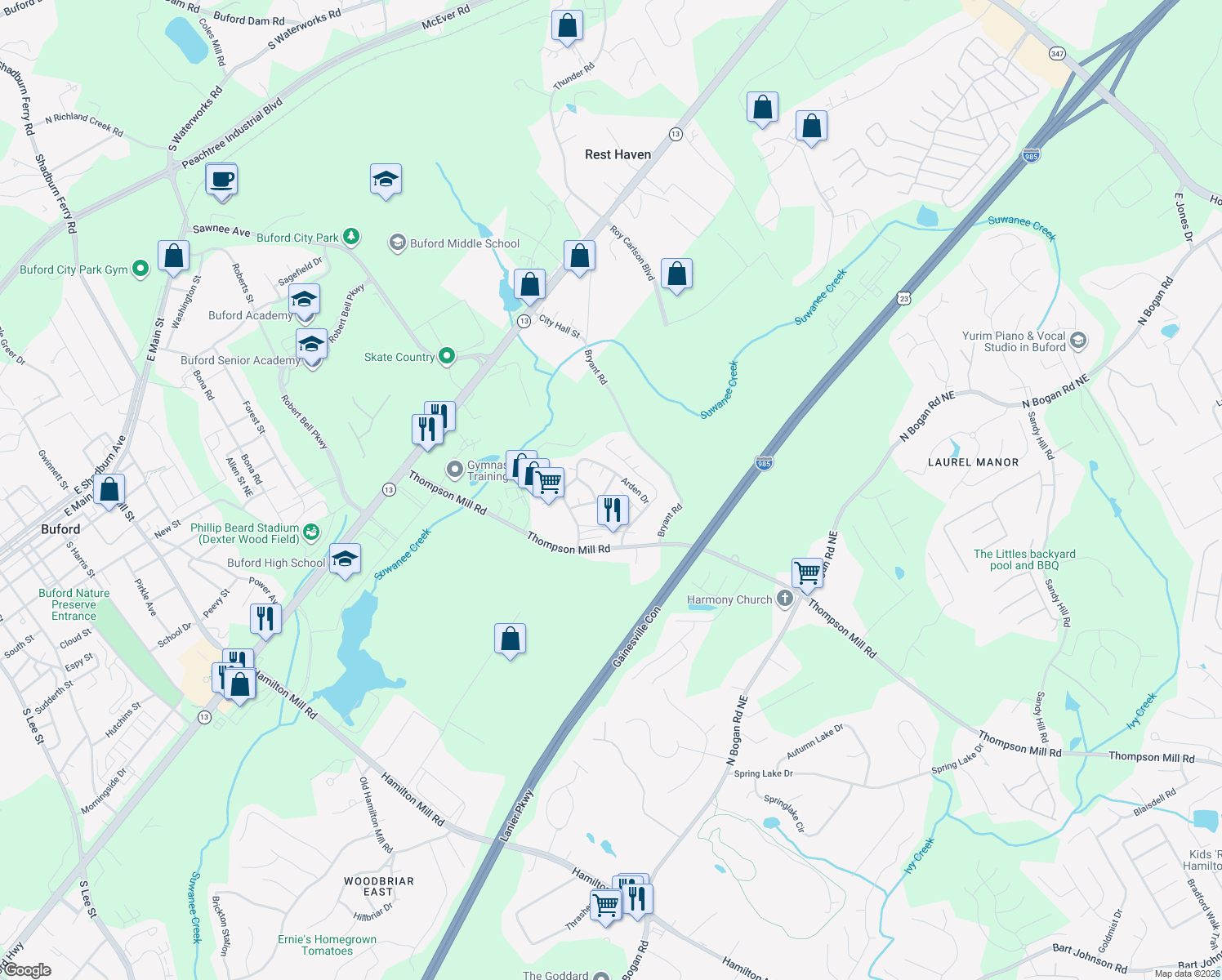 map of restaurants, bars, coffee shops, grocery stores, and more near 4647 Candlewyck Way in Buford