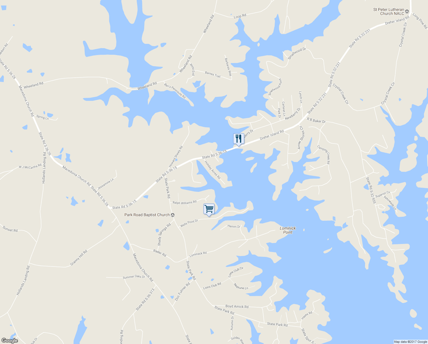 map of restaurants, bars, coffee shops, grocery stores, and more near 147 Holiday Acres Road in Prosperity