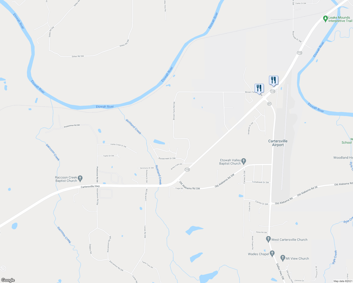 map of restaurants, bars, coffee shops, grocery stores, and more near 500 Brown Farm Road Southwest in Cartersville