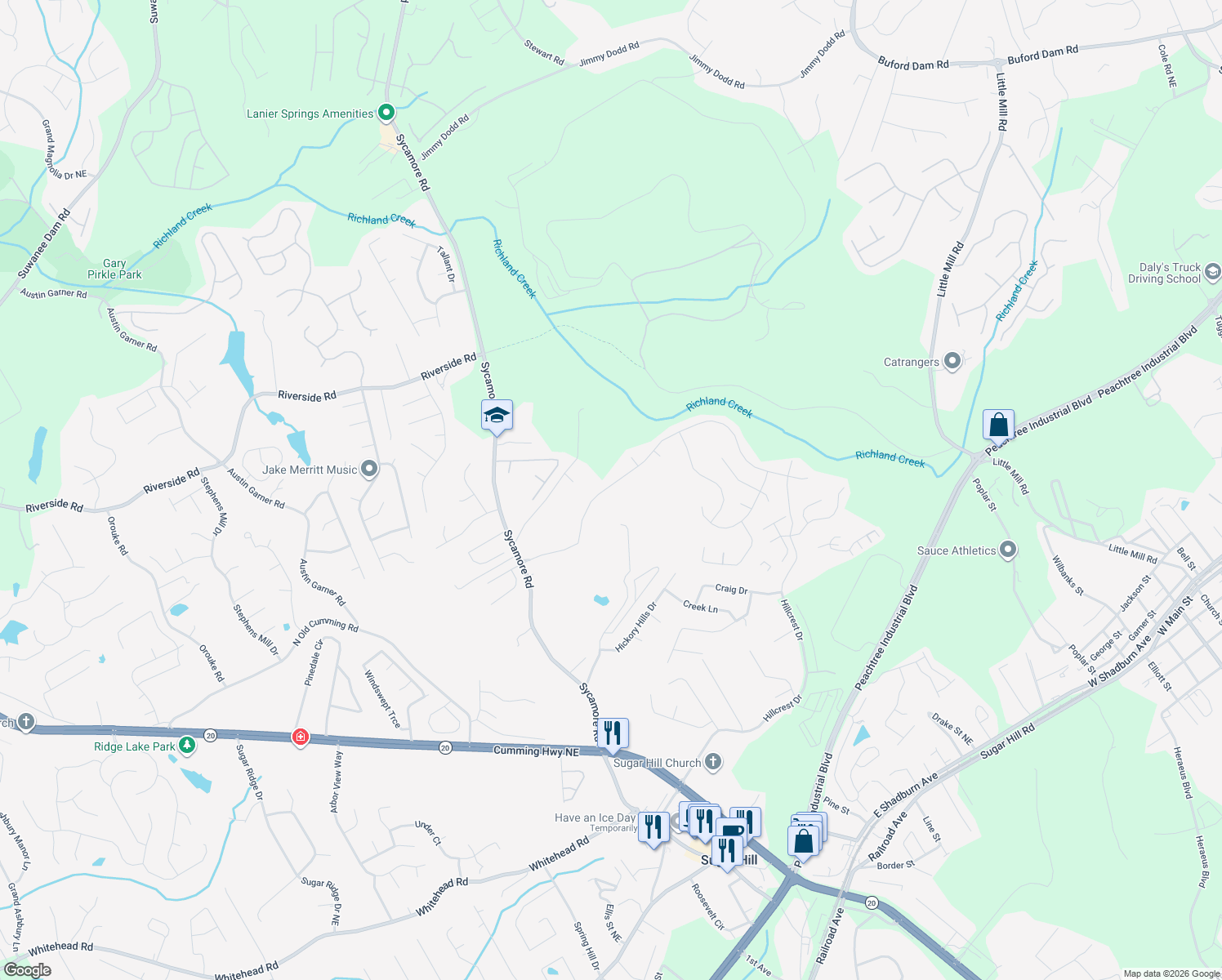 map of restaurants, bars, coffee shops, grocery stores, and more near 1391 Primrose Park Road in Sugar Hill