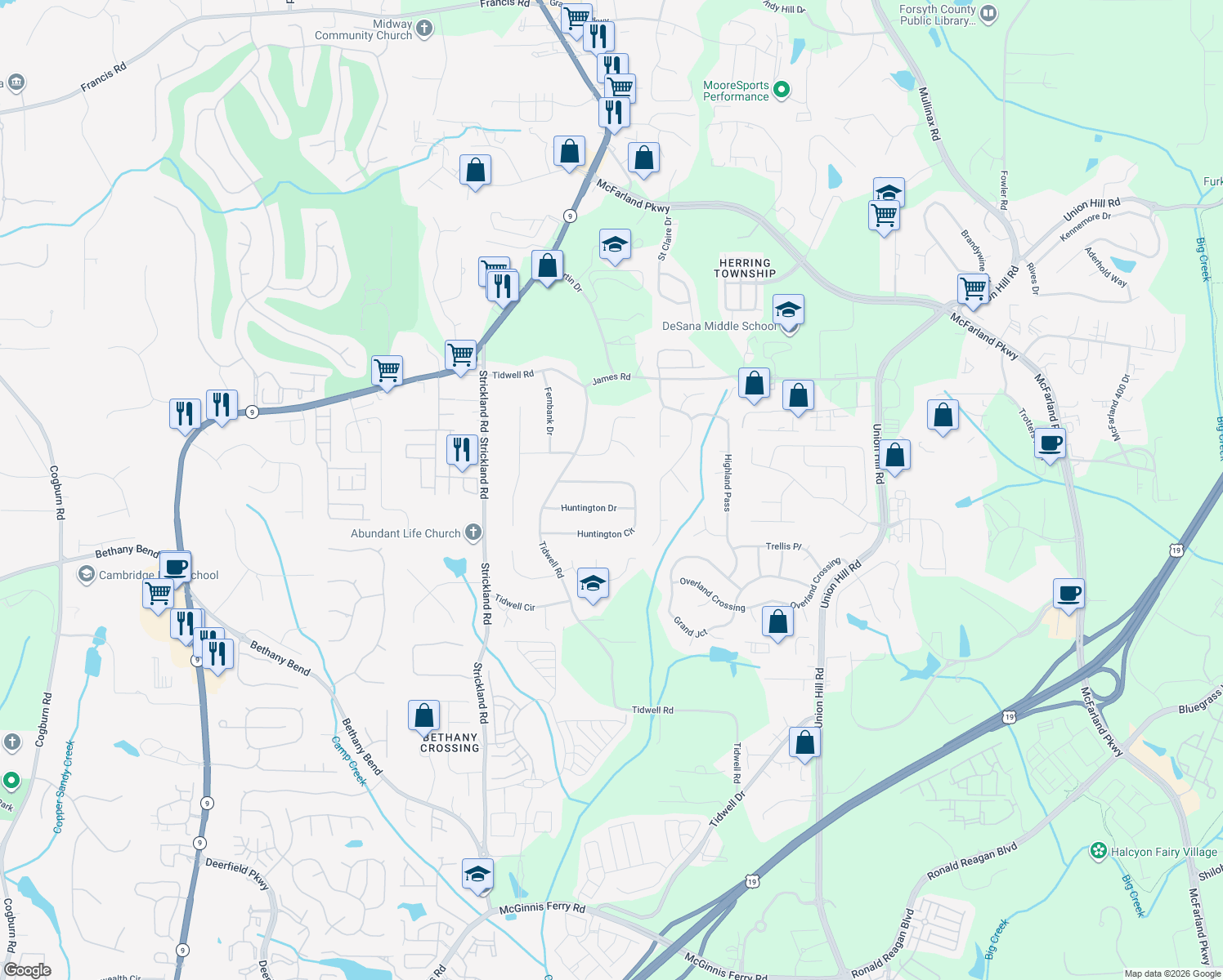 map of restaurants, bars, coffee shops, grocery stores, and more near 170 Huntington Cir in Alpharetta