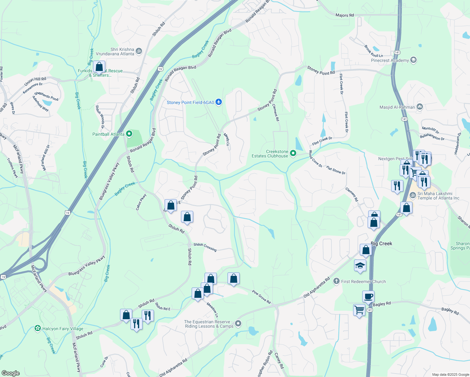 map of restaurants, bars, coffee shops, grocery stores, and more near 6795 Preston Glen Drive in Alpharetta