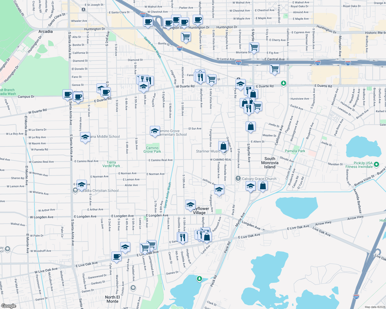 map of restaurants, bars, coffee shops, grocery stores, and more near 1520 Loganrita Avenue in Arcadia