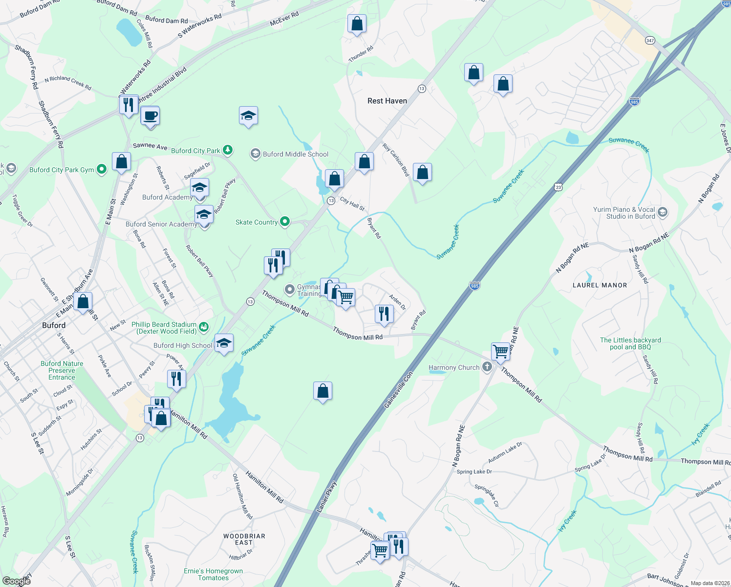 map of restaurants, bars, coffee shops, grocery stores, and more near 4749 Pebble Trce in Buford