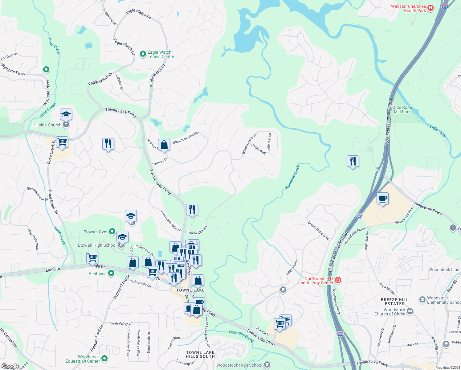 map of restaurants, bars, coffee shops, grocery stores, and more near 1049 Towne Lake Hills East in Woodstock