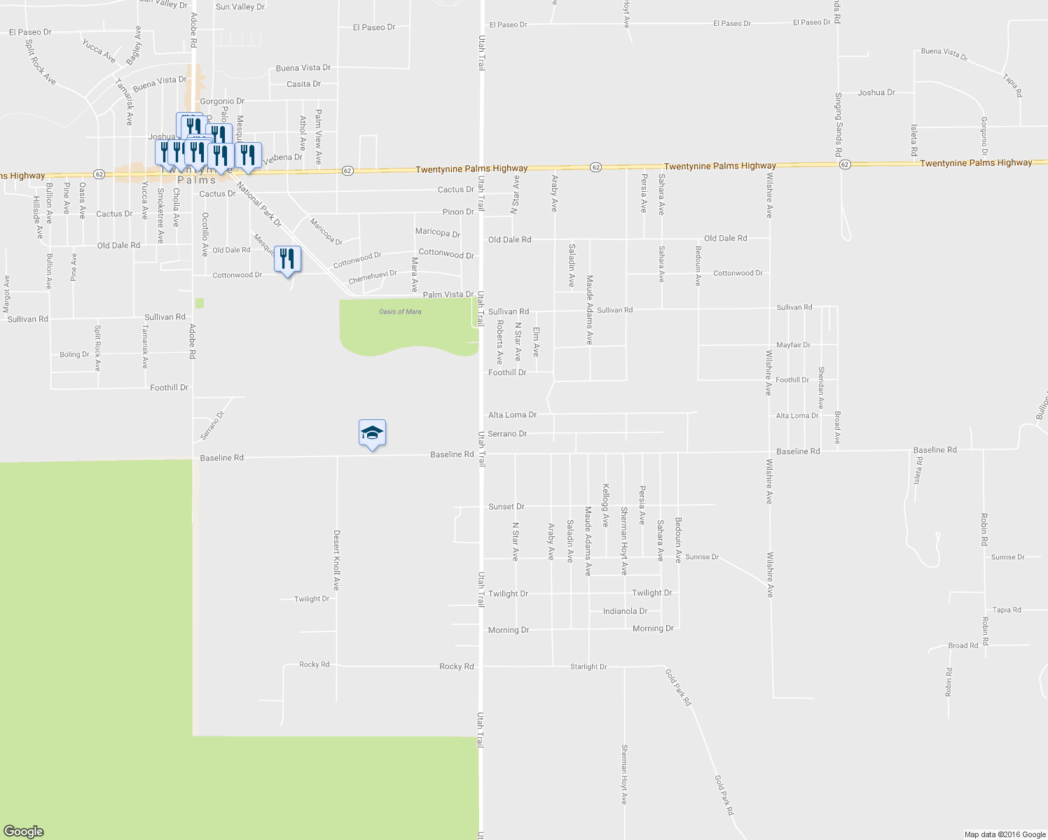 map of restaurants, bars, coffee shops, grocery stores, and more near 74615 Alta Loma Drive in Twentynine Palms
