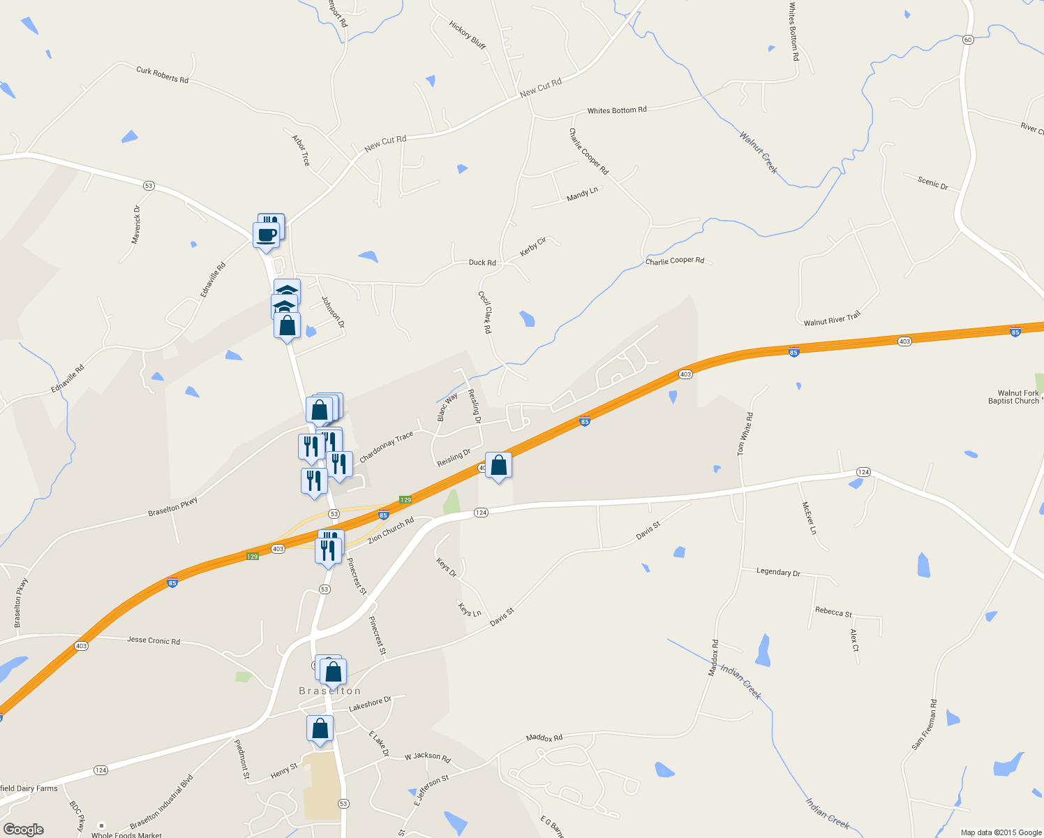 map of restaurants, bars, coffee shops, grocery stores, and more near 263 Brookstone Trail in Braselton
