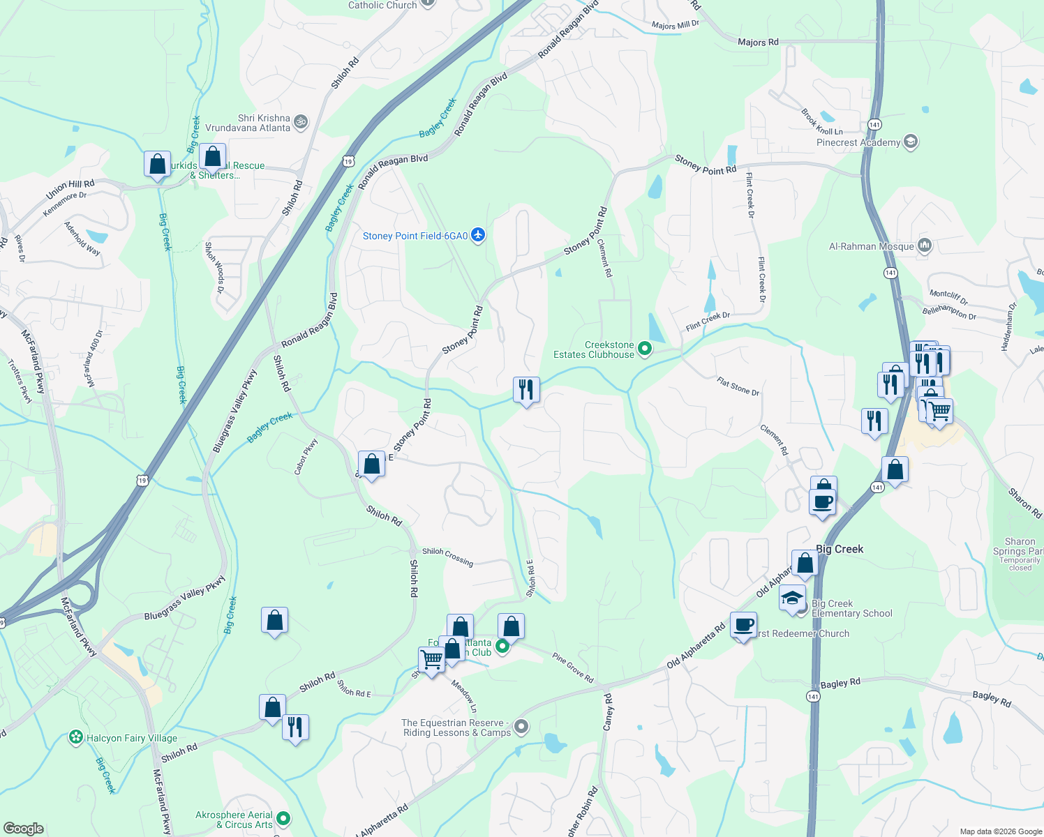 map of restaurants, bars, coffee shops, grocery stores, and more near 6790 Preston Glen Drive in Alpharetta