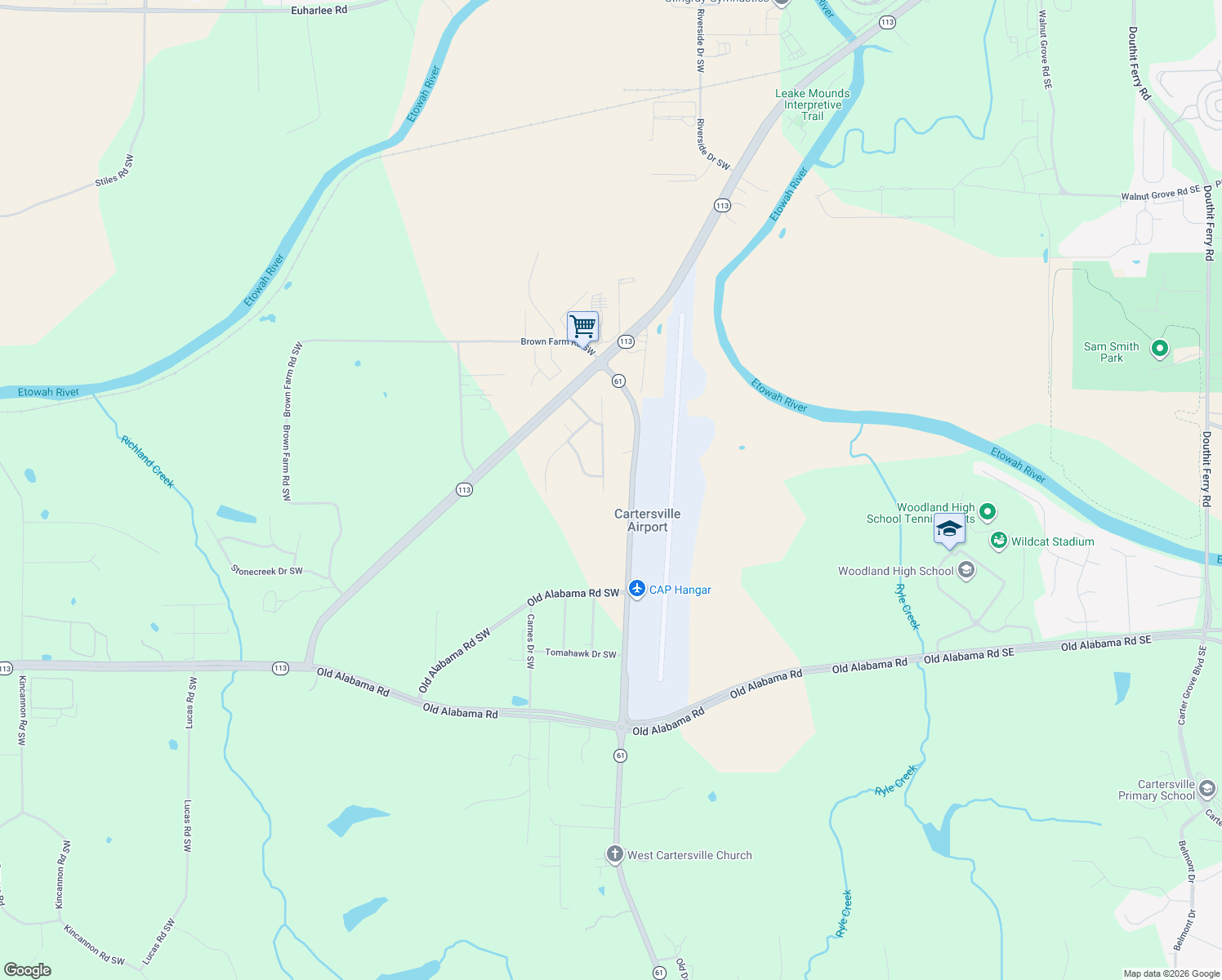 map of restaurants, bars, coffee shops, grocery stores, and more near 43 Meadowbridge Drive Southwest in Cartersville