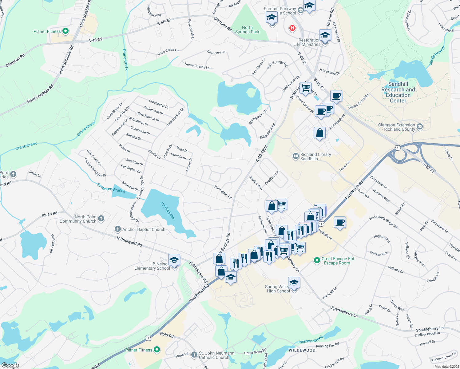 map of restaurants, bars, coffee shops, grocery stores, and more near 112 Dove Park Road in Columbia