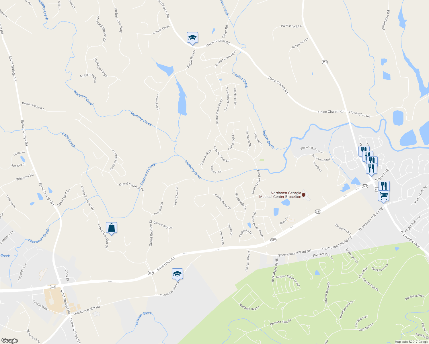map of restaurants, bars, coffee shops, grocery stores, and more near 6620 Amherst Dr in Hoschton