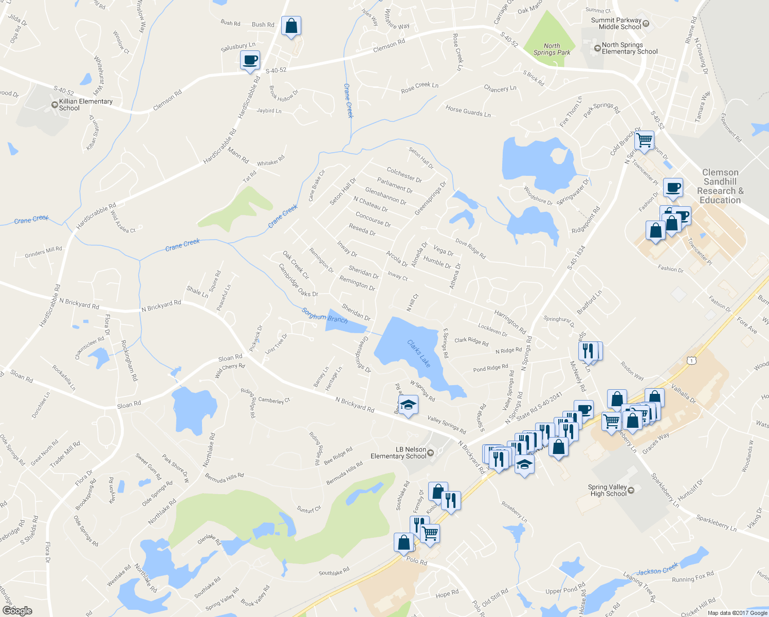 map of restaurants, bars, coffee shops, grocery stores, and more near 813 East Springs Road in Columbia
