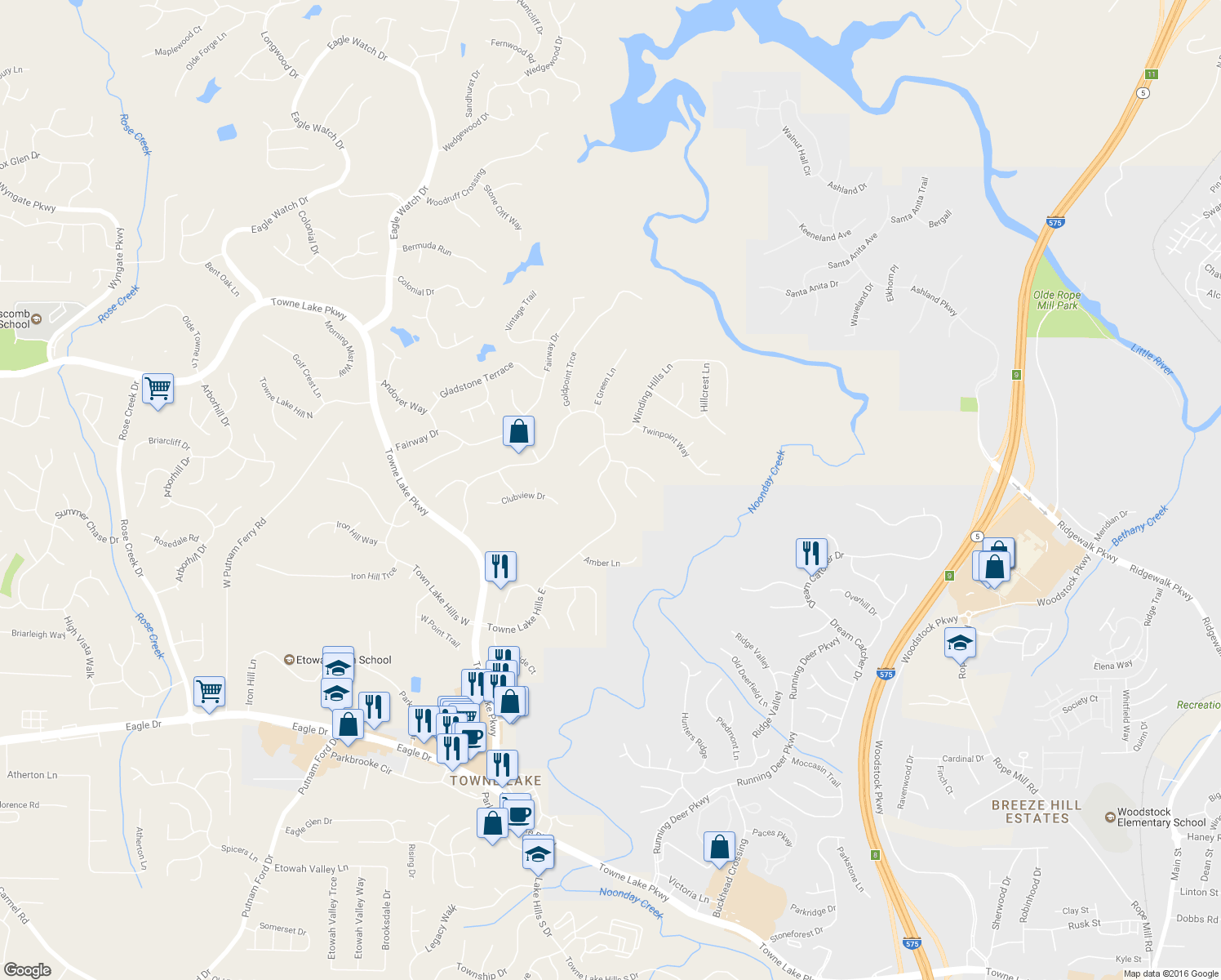 map of restaurants, bars, coffee shops, grocery stores, and more near 1050 Towne Lake Hills East in Woodstock
