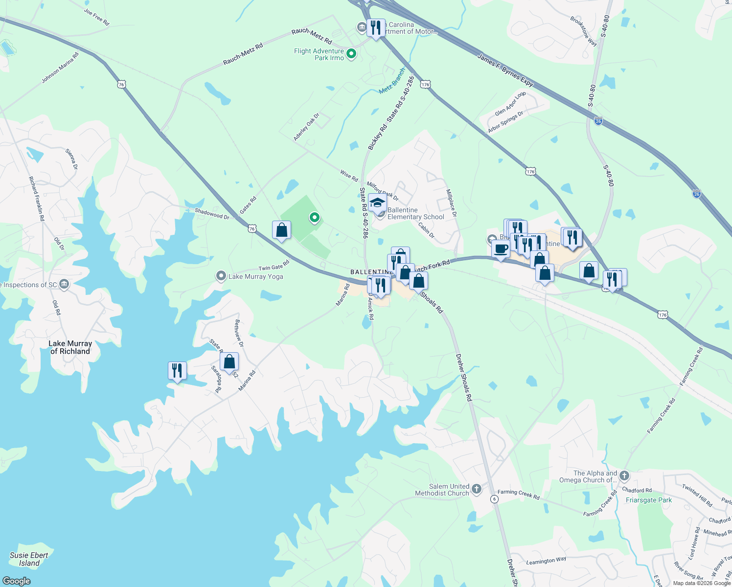 map of restaurants, bars, coffee shops, grocery stores, and more near 1002 A J Amick Road in Irmo